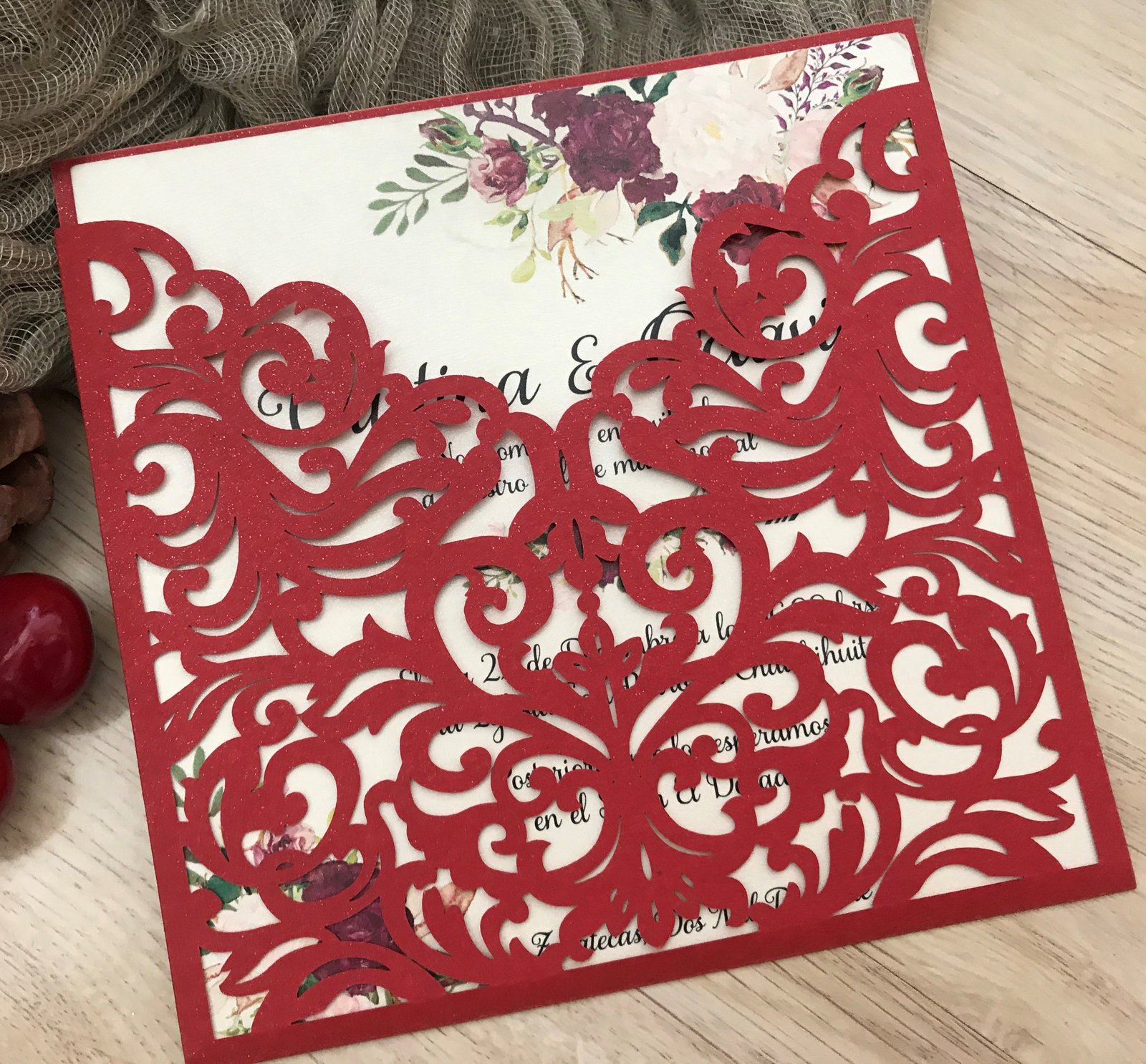 50pcs pearl red pocket laser cut wedding invitations card,custom