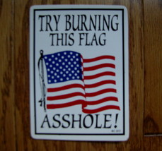 DECAL 2.5X3 3/8 USA flag try burning this flag blowing in the wind - $10.00