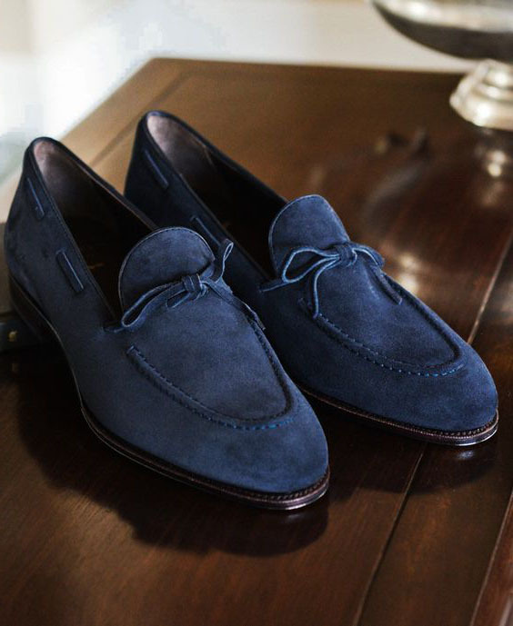 NEW Handmade Men's Navy Blue Slip On shoes, Fashion Bow Style Luxury Leather sho