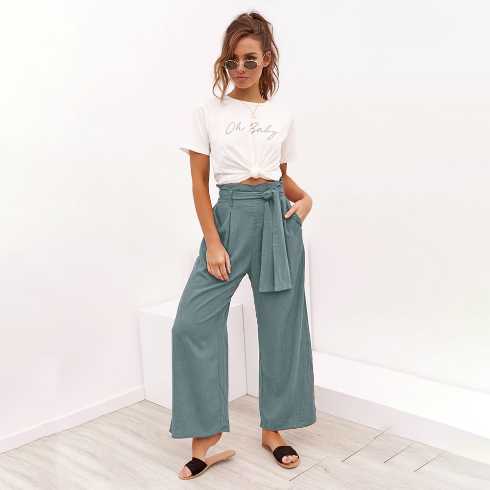 Light green high waisted wide leg pants with pockets women culottes trousers