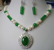 noblest white pearl & green jade necklace pendant earring set - $23.99