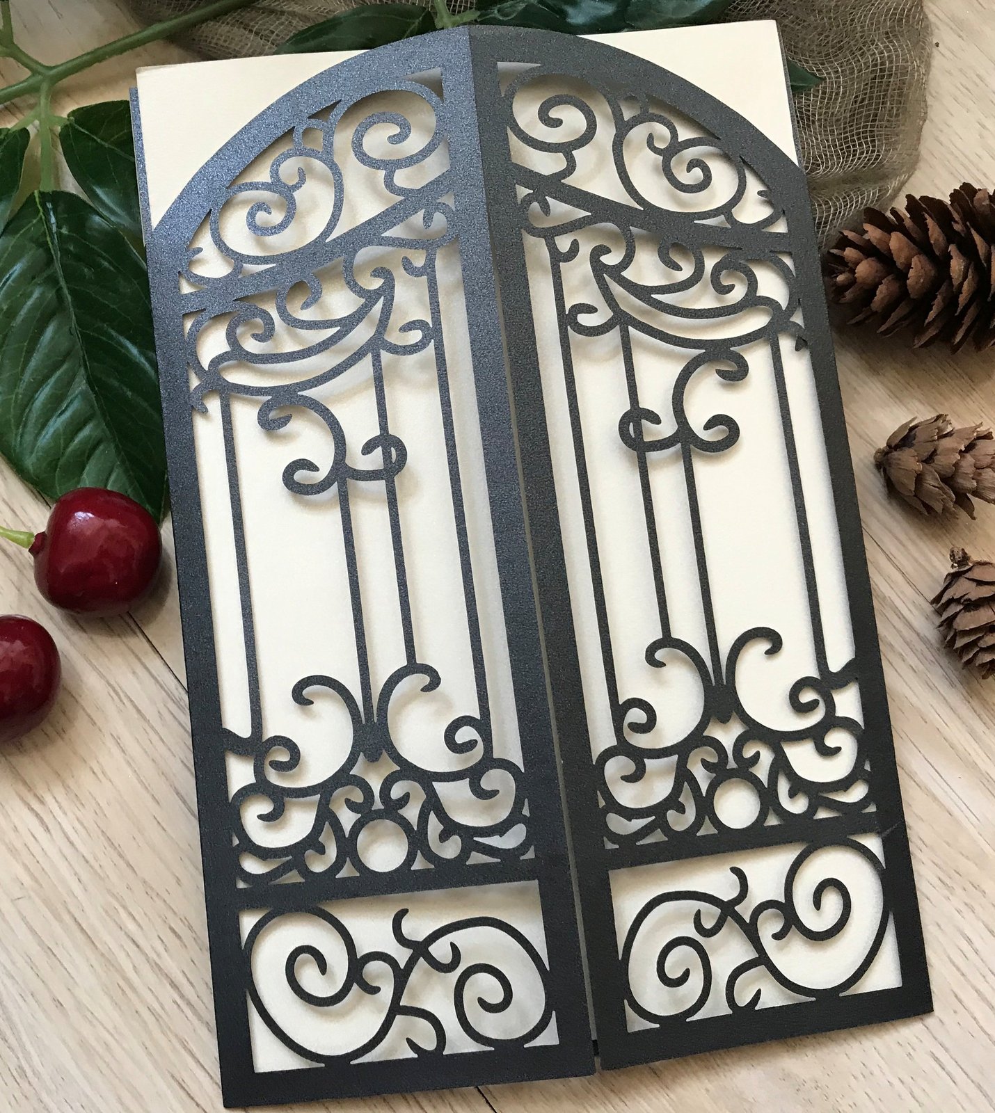 50pcs Pearl Black Gate Laser Cut wedding invite cards,laser cut
