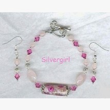 Rose quartz crystal lampwork silver bracelet and earring set thumb200