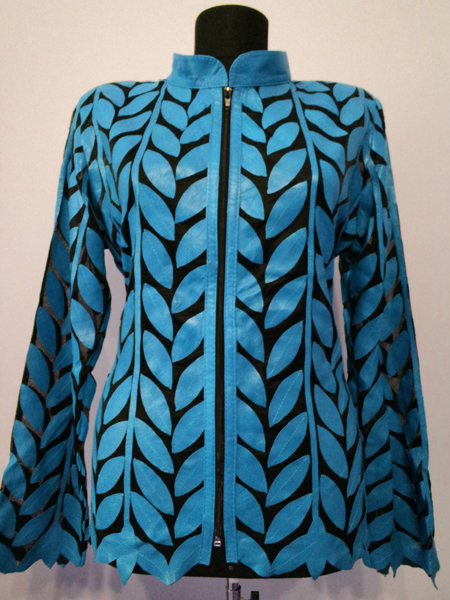 Primary image for Plus Size Ice Baby Blue Leather Leaf Jacket Women All Colors Sizes Light D4