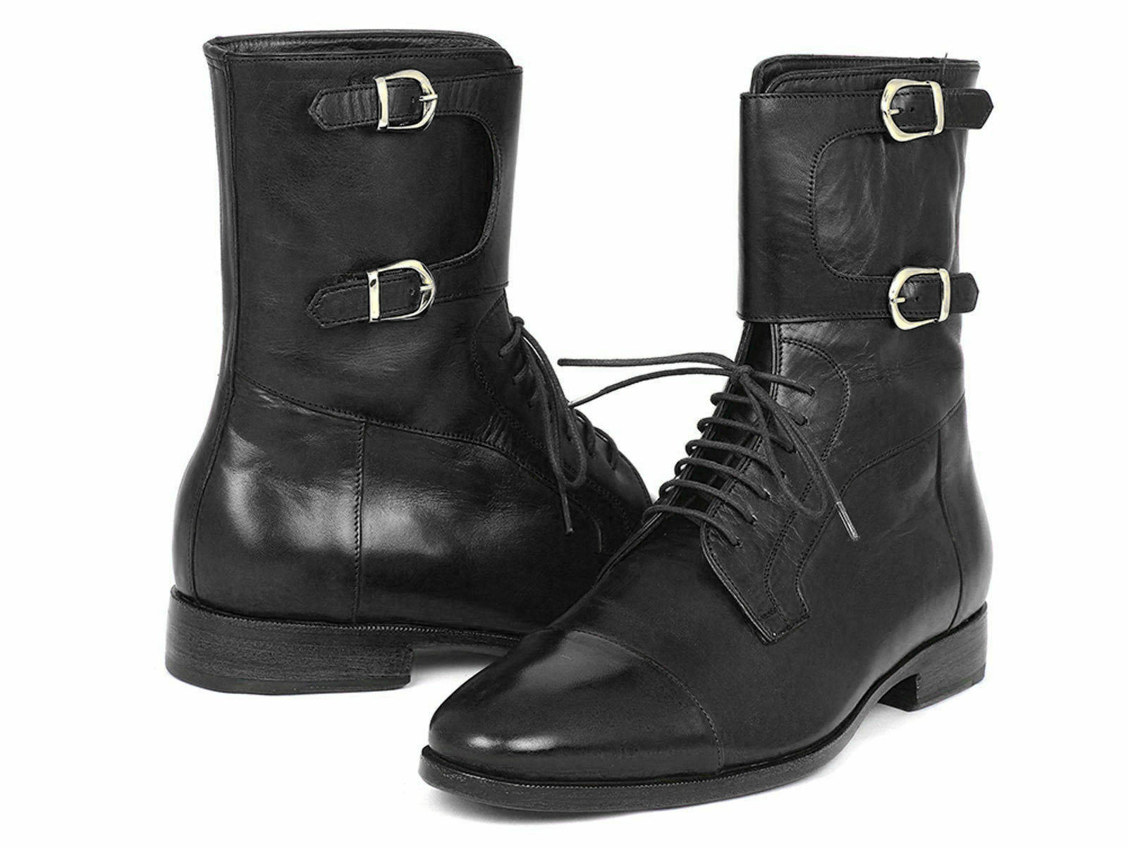 High Ankle Boot Monks Black Double Buckle Strap Cap Toe Premium Quality Leather