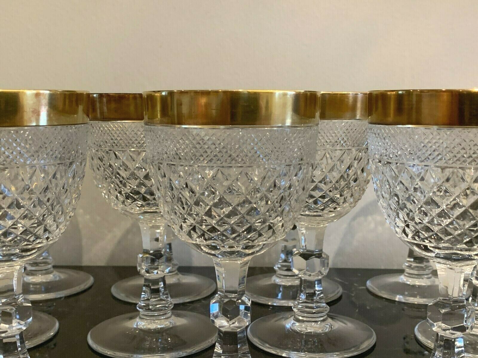 Vintage Moser Czech Cut Crystal Wine Glasses with Gold Rim Set of 11