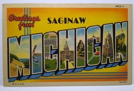 Greetings From Saginaw Michigan Large Big Letter City Postcard Linen Cur... - $32.57