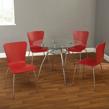 Glass Top 5 Pes Dining Set Table 4 Chairs Round Kitchen Breakfast Furniture Red image 1