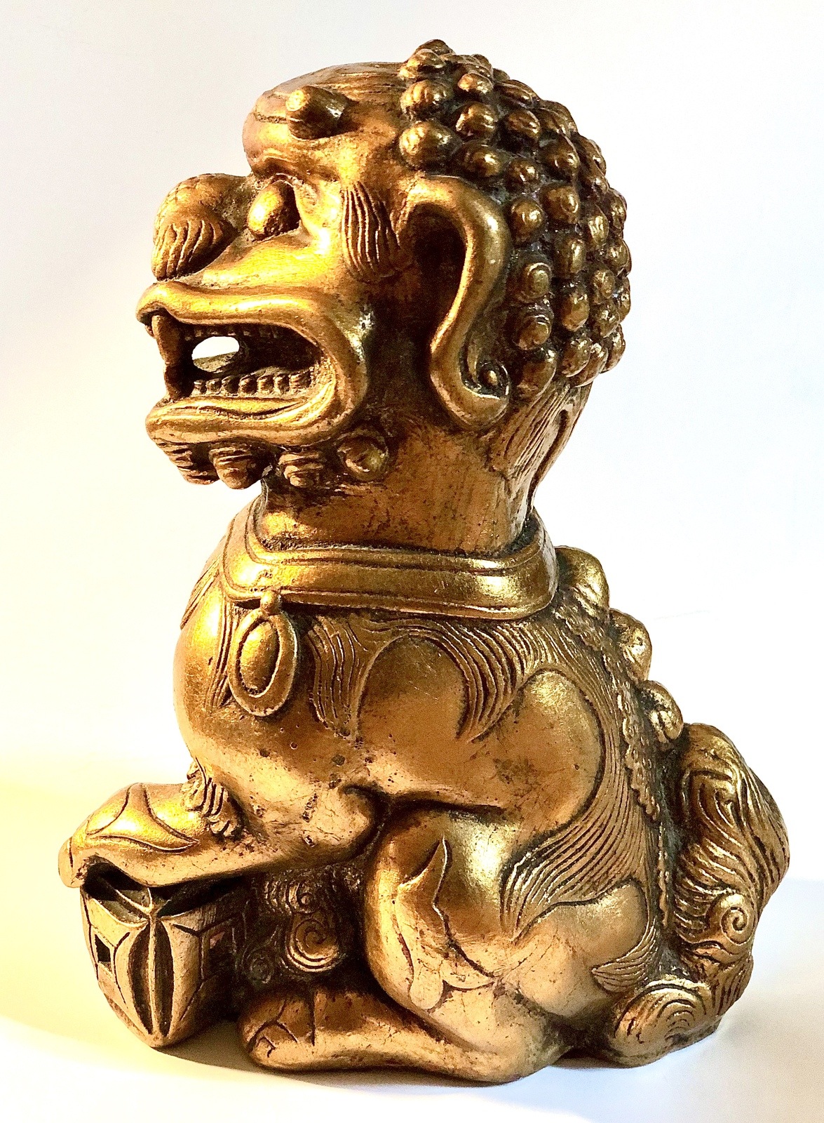 19th Century Chinese Gilt Porcelain Female Foo Dog Statue 11” High