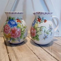 VTG Ceramic Pottery Matching Pitcher And Vase Hand Painted Floral Design... - $21.04