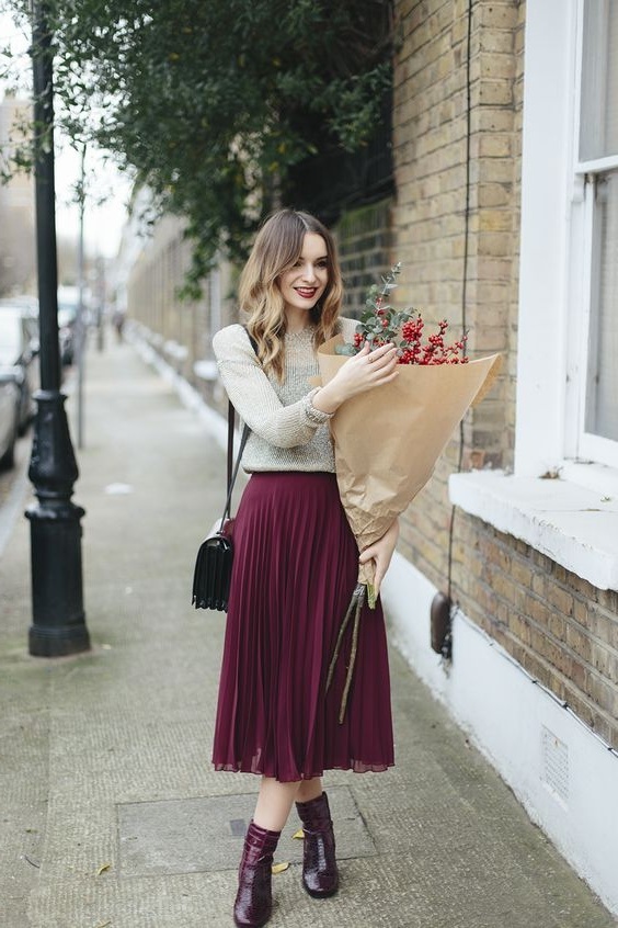 New burgundy pleated high waist women skirt wine red midi length autumn winter