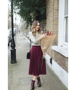 New burgundy pleated high waist women skirt wine red midi length autumn ... - $39.00