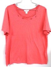 CJ BANKS Coral Pink Knit Short Sleeve Top Sz M-L Cotton Modal Embroidere... - $30.61