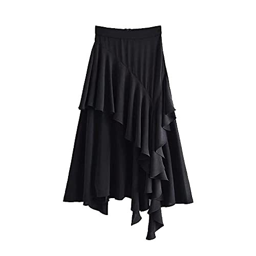Women Cascading Ruffles Black Split Asymmetrical Midi Skirt Lady Back Zipper Chi