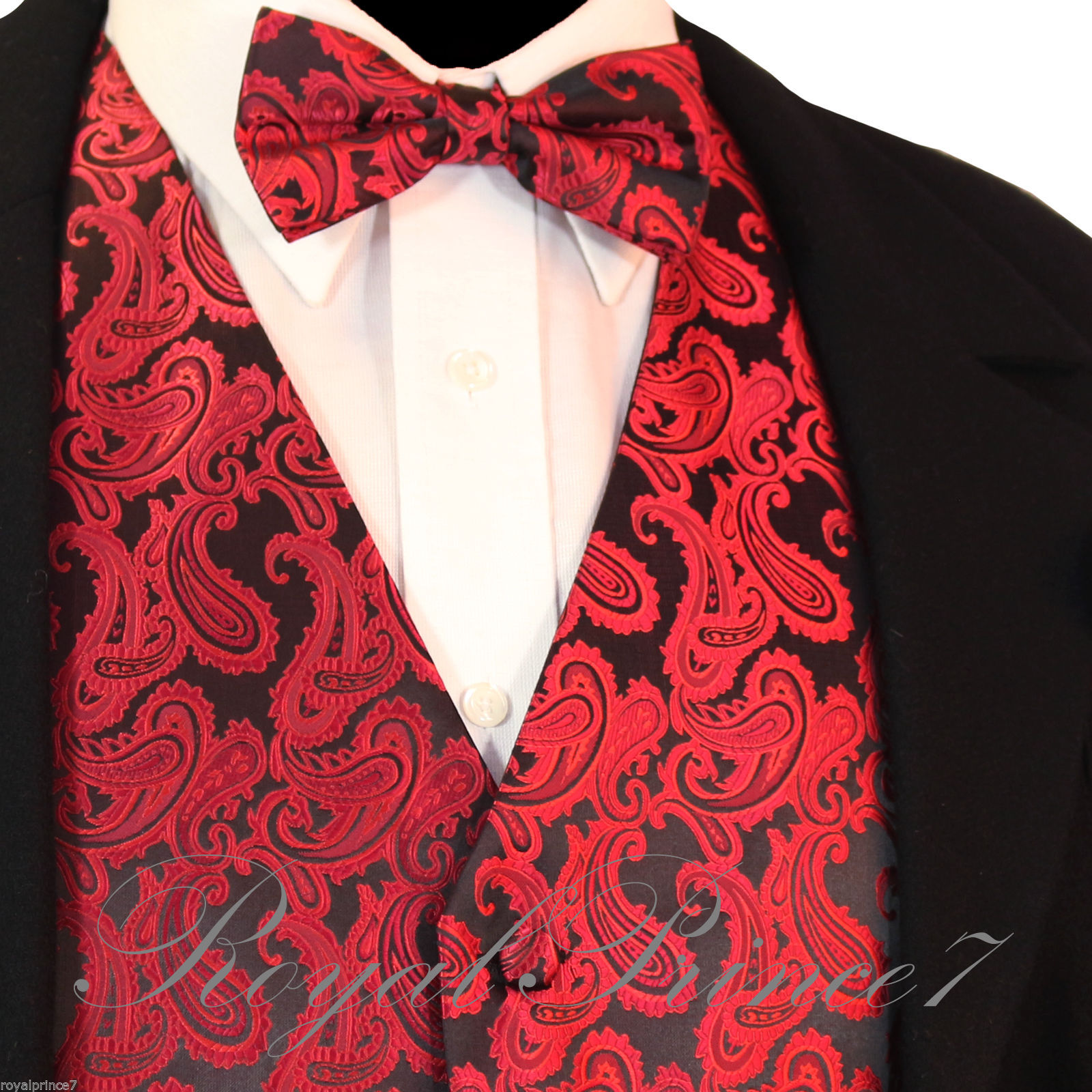 BLACK RED XS to 6XL Paisley Tuxedo Suit Dress Vest Waistcoat & Bow tie ...