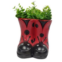 Ladybug Boot Planter Home Garden Decor Red Black Dots Resin 7" Adorable Durable