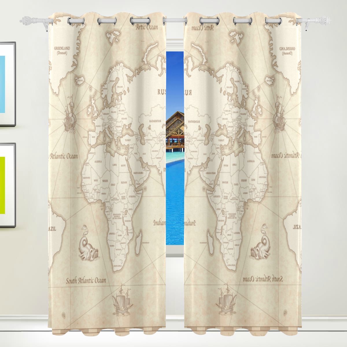 Cooling Window Curtains Old Color World Map Pattern Print Window