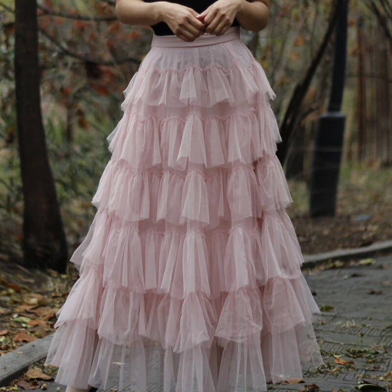 Pink Layered Tulle Midi Skirt High Waisted Layered Tulle Ruffle Skirt Plus Size Tutu Wedding 