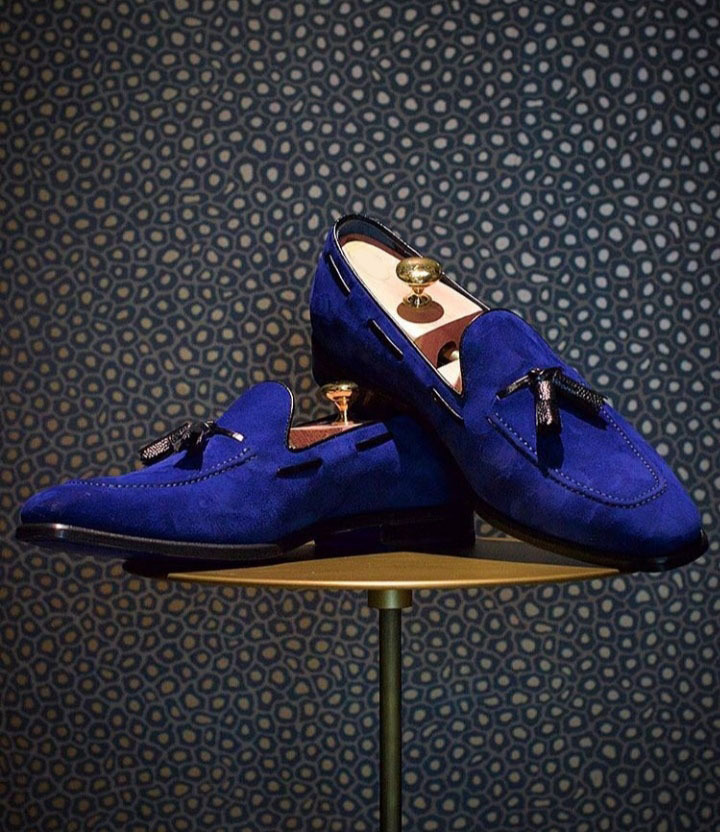 Men Royal Blue Suede Loafer Tassels On Rounded Toe Genuine Leather ...