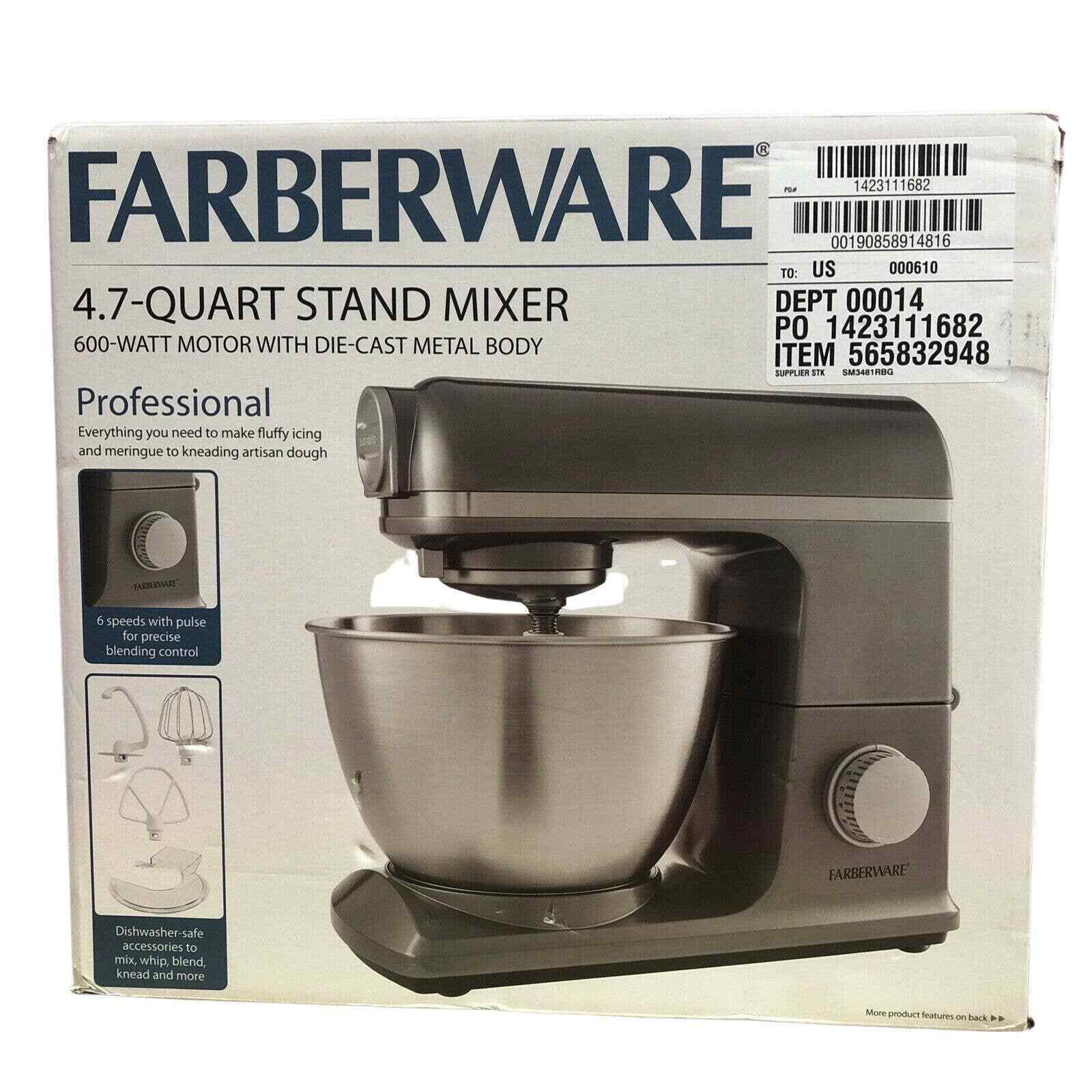 New Farberware 6 Speed 4.7 Quart Professional Stand Mixer Gun Metal