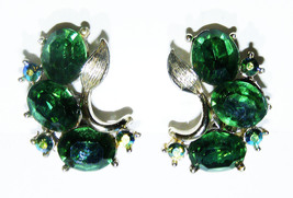 Vintage LISNER Clip-On Earrings with Emerald Green Stones - Signed - $40.00