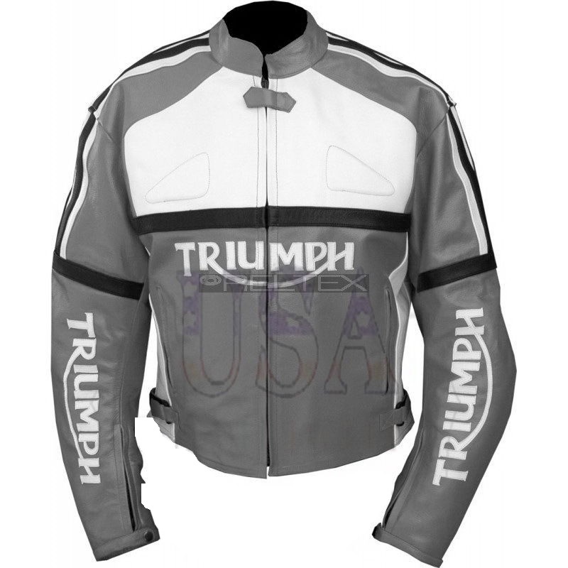 Image of Grey Color Men's Bikers Handmade TRIUMPH Motorcycle Leather Jacket