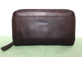 ❤️FOSSIL Chocolate Full-Grain Leather Crossbody Bag Zip-Around Wallet GREAT - $27.53