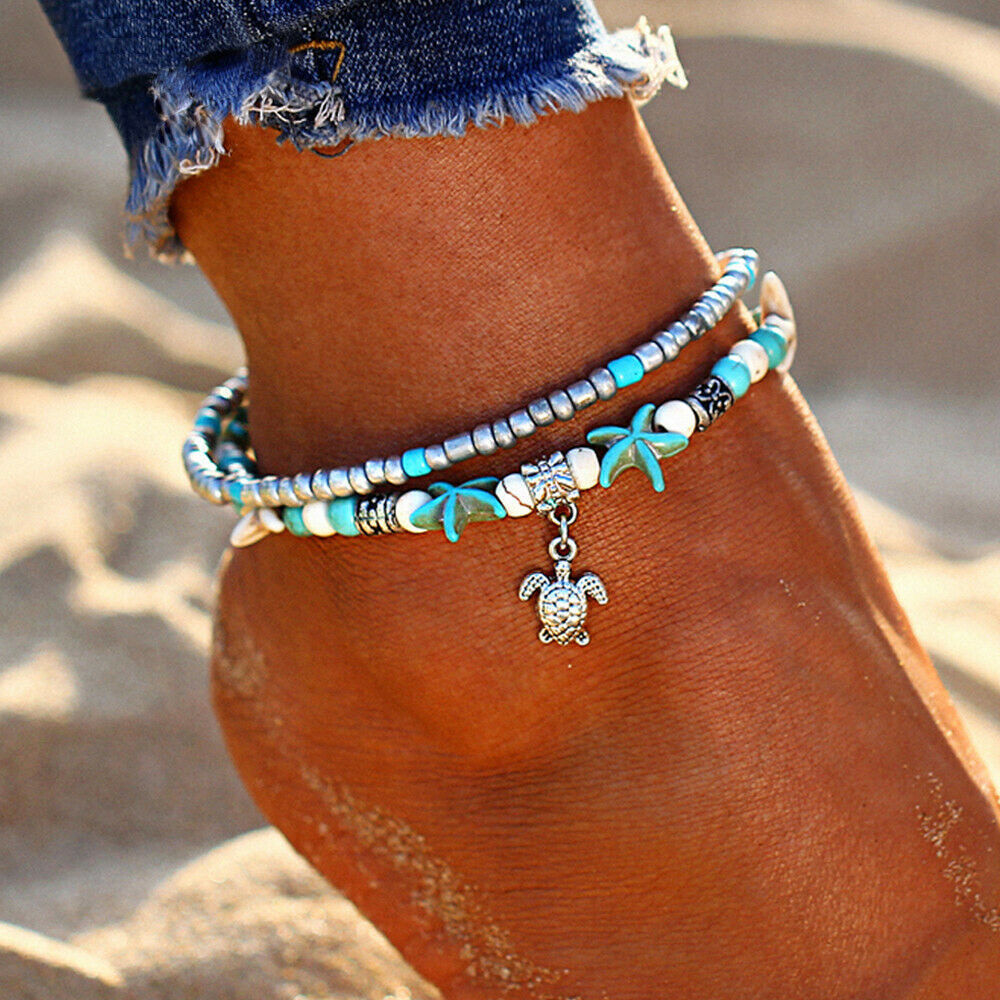 Bohemian Multilayer Anklets Women Starfish Shell Beads Anklet Bracelet Jewelry