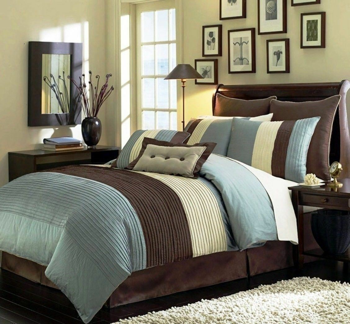 Twin Full Queen Cal King Bed Brown Blue Beige Stripe 8 pc Comforter Set