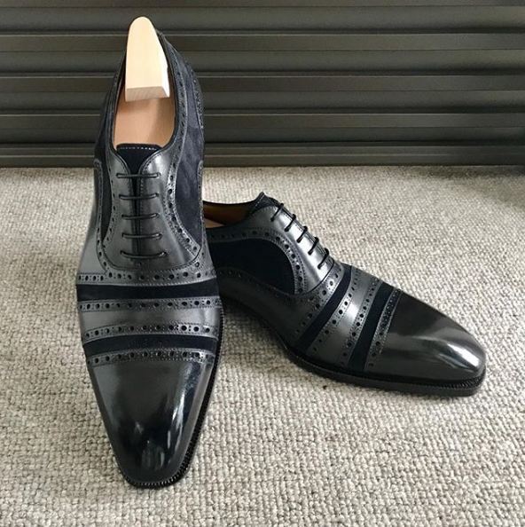 New Handmade men's Black Leather Suede Shoes, Men Lace up Cap Toe Dress Fashion