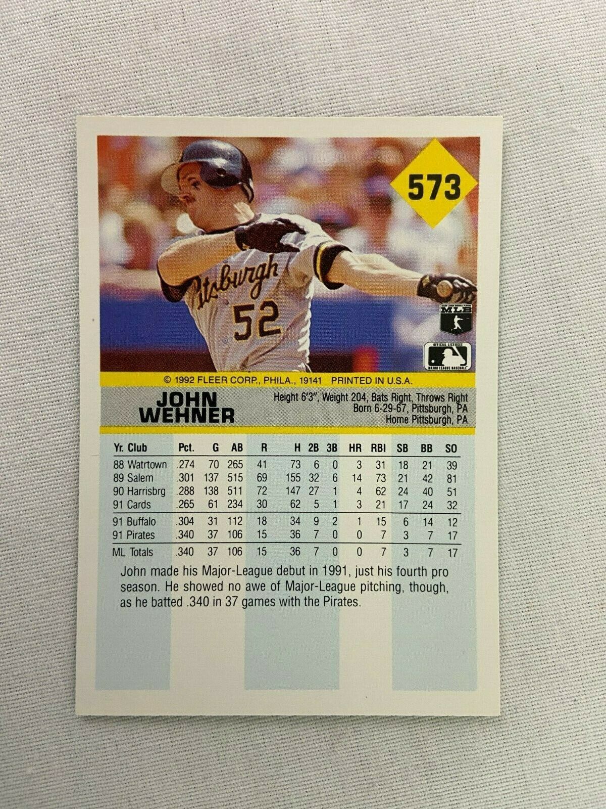 John Wehner Pittsburgh Pirates 1992 Fleer Baseball Card 573 Baseball