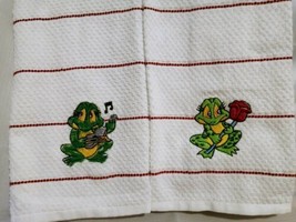 Kitchen towels White with Red Horizontal stripes and a cute frog embroidery (2) - $10.00