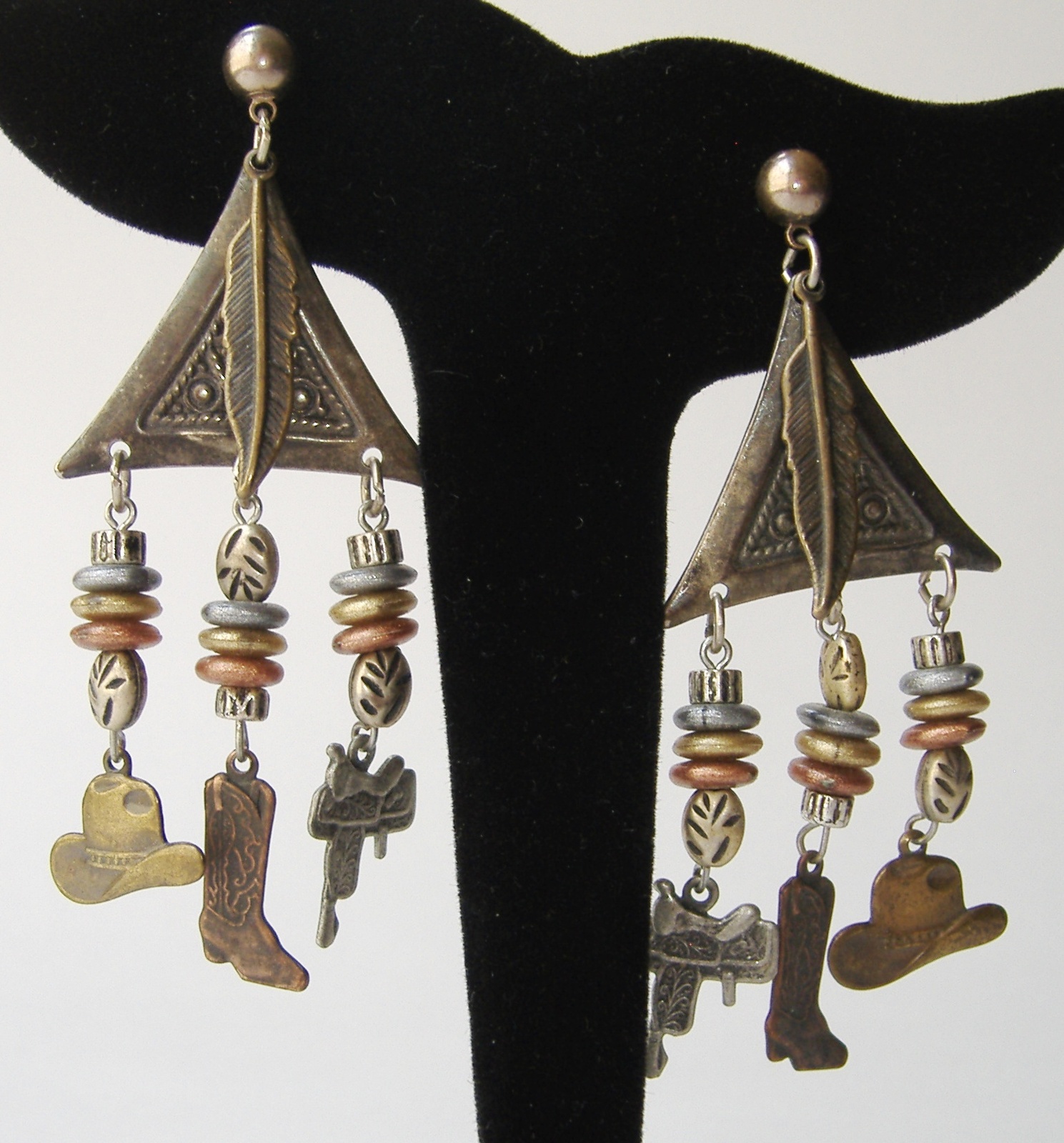 Cowboy Dangle Mixed Metal Earrings Hat Boots Beaded Post Pierced Silver