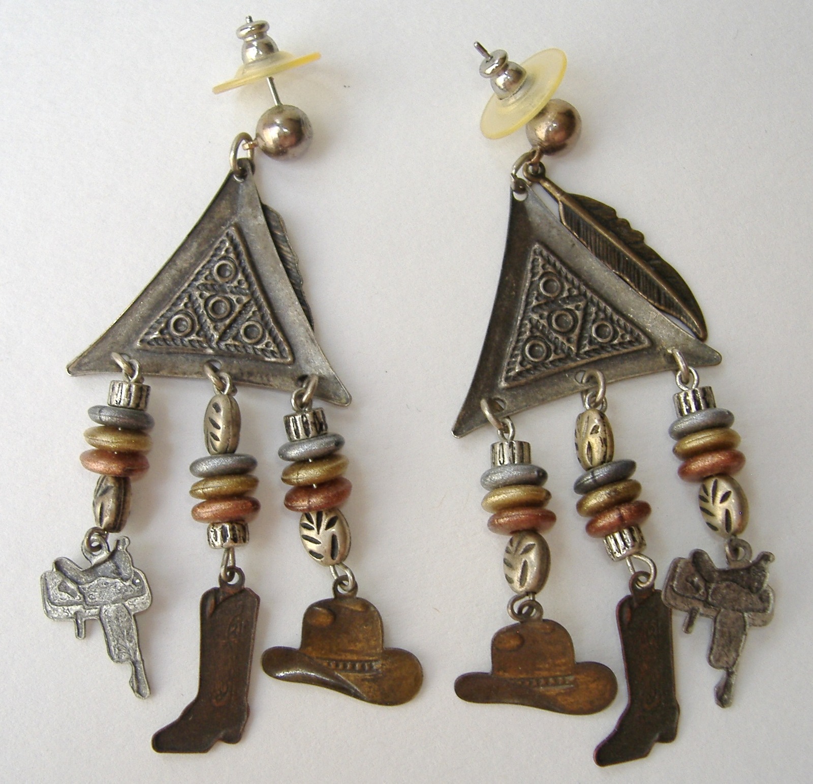 Cowboy Dangle Mixed Metal Earrings Hat Boots Beaded Post Pierced Silver