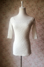 Ivory White Lace Top Floral Crop Sleeve Lace Bridesmaid Top Boat Neck Plus Size image 3