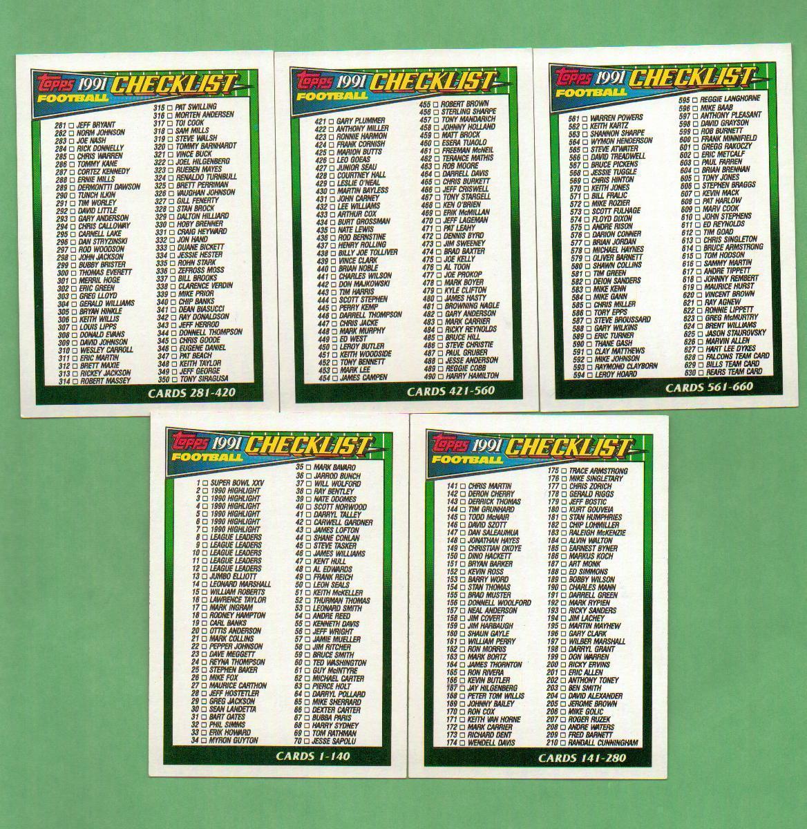 1991 Topps Football Checklists Sports Trading Cards