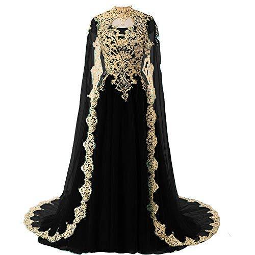 Kivary Gold Lace Vintage Long Prom Evening Dress Wedding Gown Cape Black US 14