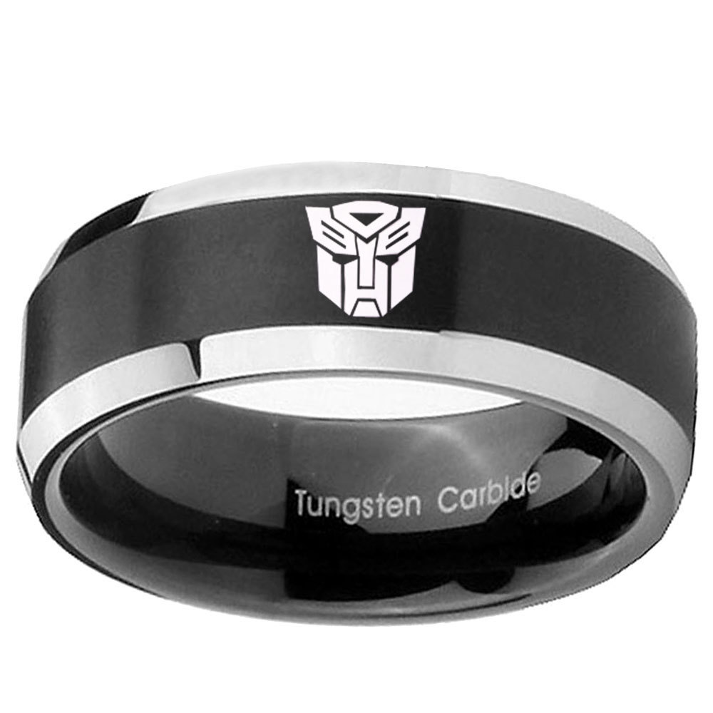 Transformers Autobot 8mm Black 2 Tone Beveled Tungsten Ring Rings