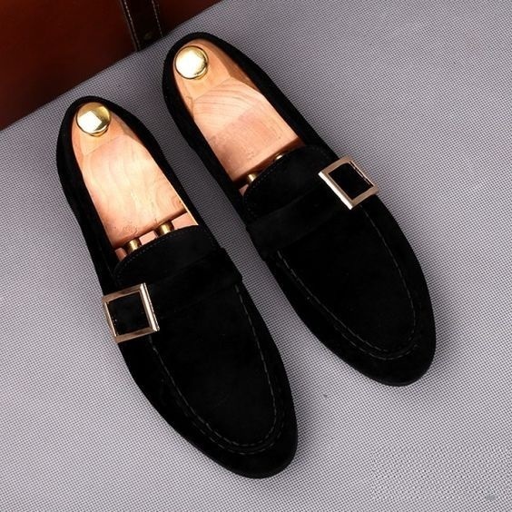 New Handmade Black Giant Buckle Suede Mens Loafers Flats Shoes 2019