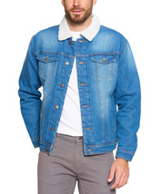 Men’s Sherpa Lined Cotton Denim Jean Button Up Trucker Jacket (Dark Blue, Small) image 1