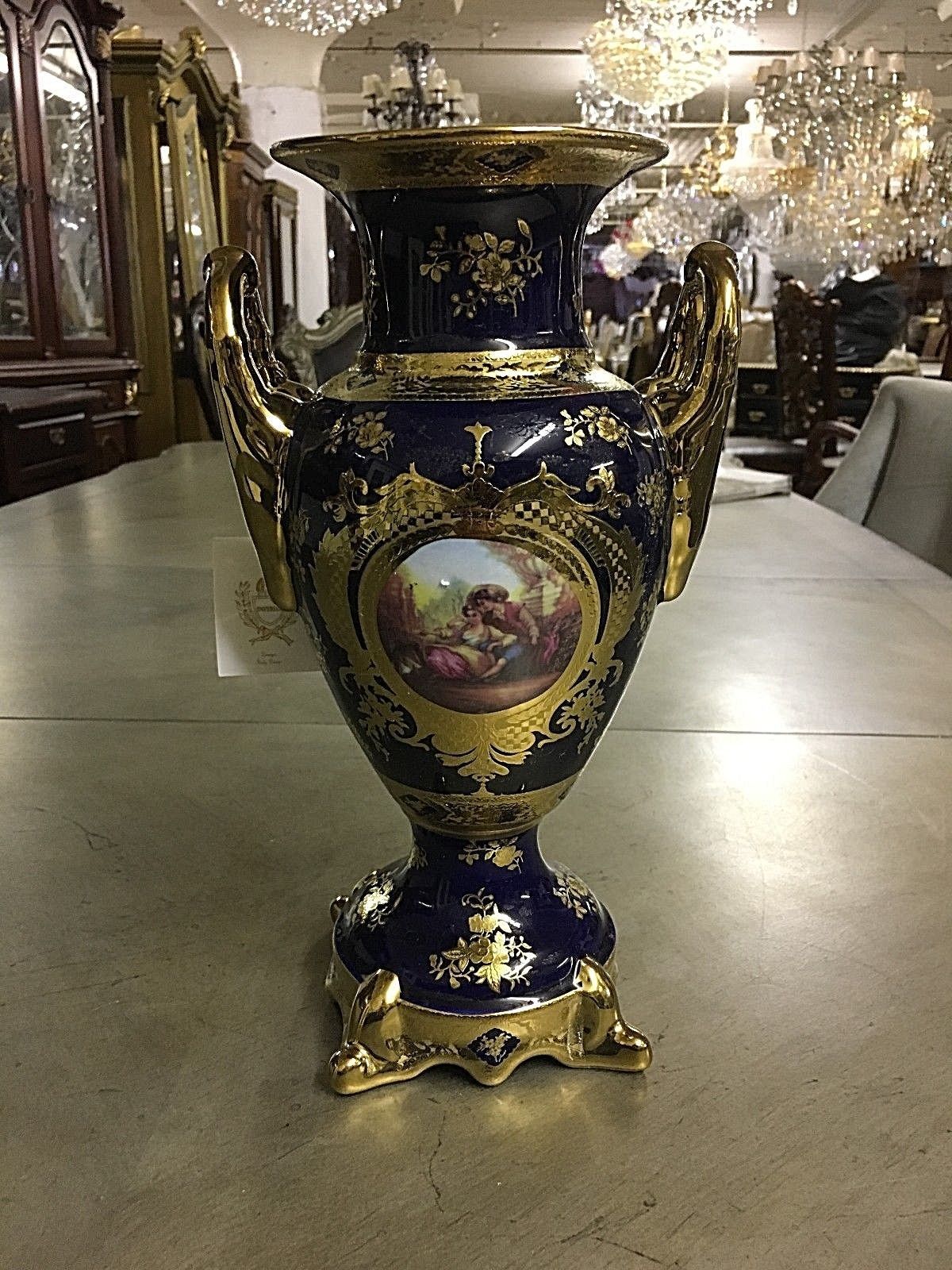 Imperial Limoges 200 Cobalt Blue Porcelain Vase with Pictures Trays