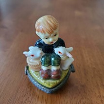 Porcelain Hinged Trinket Box, Boy with Rabbits Figurine, Heart Shaped Box