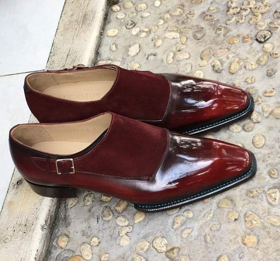 Handmade Brown Suede Monk Shoes, Men burgundy Monk Genuine Leather Shoes 2019