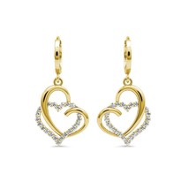 14k Solid Yellow Gold 1.20Ct Diamond Open Heart Dangle Huggie Hoop Earrings - $170.45