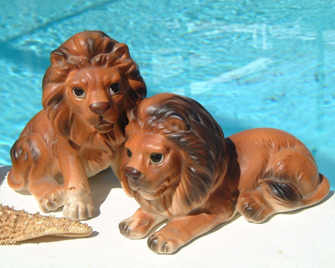 Vintage Lefton Lion Jungle Cat Figurine Pair Porcelain H7063 Lions