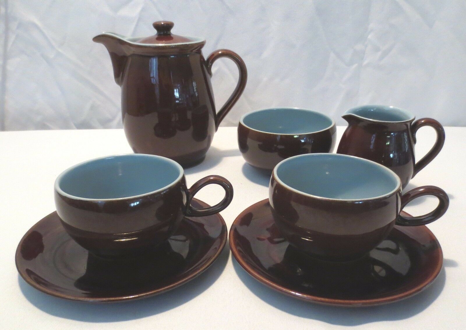 Primary image for Vtg Denby Homestead brown blue 7 pc Coffee pot cups saucers sugar cream England