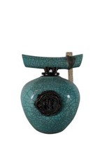 Matthew Lovein Wish Keeper Ceramic Sculpture Jade Crackle Teal Pottery 11x9" image 2
