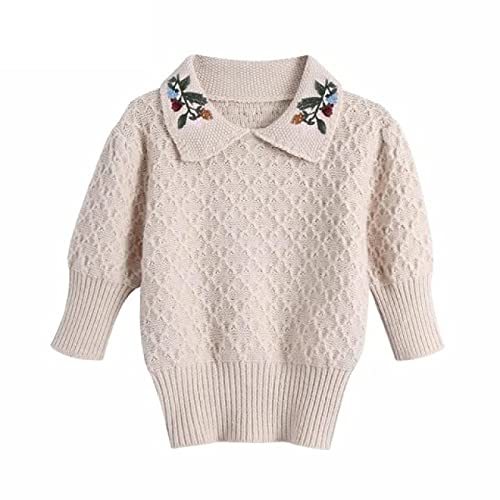 Embroidery Turn Down Collar Casual Short Knitting Sweater Ladies Puff Sleeve Chi