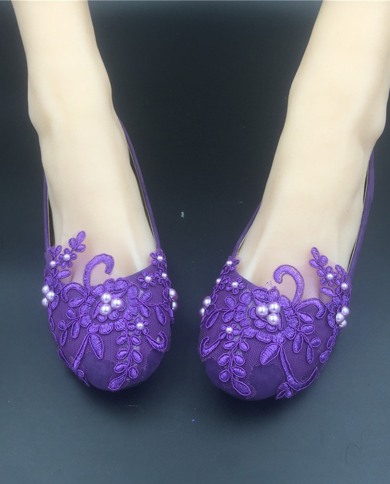Women Purple Crystal Lace Wedding Ballet Flats Bridal Shoes Size 5,6,7,8,9,10,11