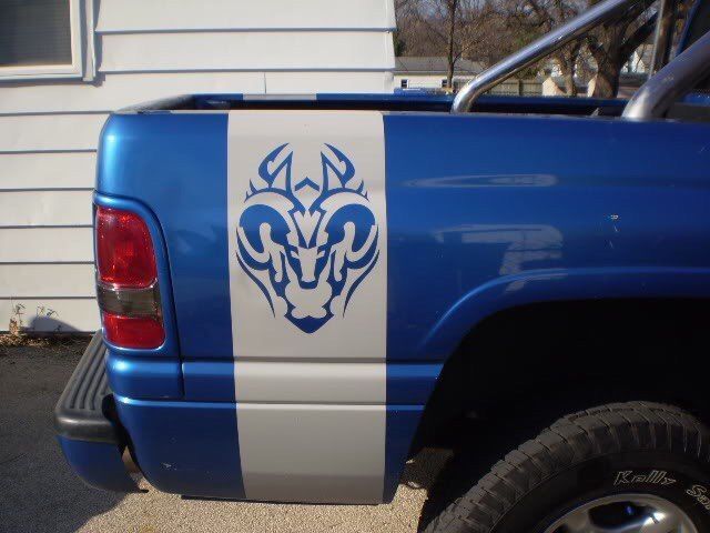 Image of Truck vinyl decal, stripe Dodge Ram rear bed mopar rebel hemi logo (both sides)